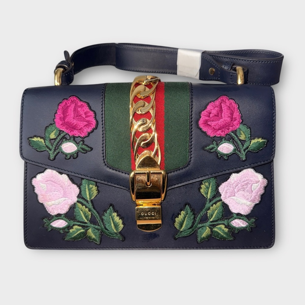 Gucci Sylvie Embroidered Floral Leather Shoulder Bag Web Stripe Box Bow + COA